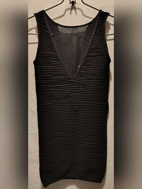 bebe Black Ribbed V-Neck Mesh Inset Super Short Mini Dress Size P/S NWOT